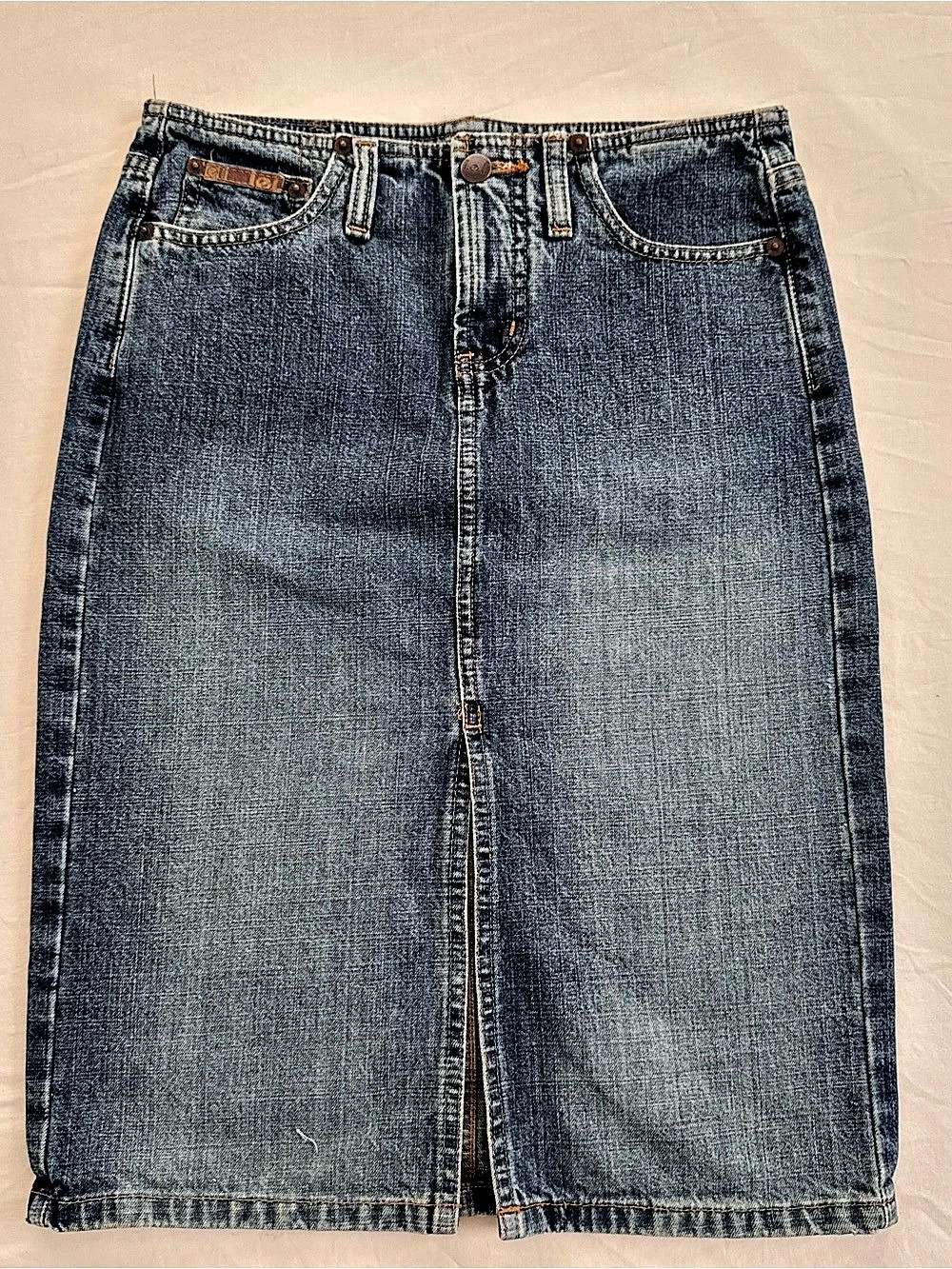 Y2K lei denim midi skirt
